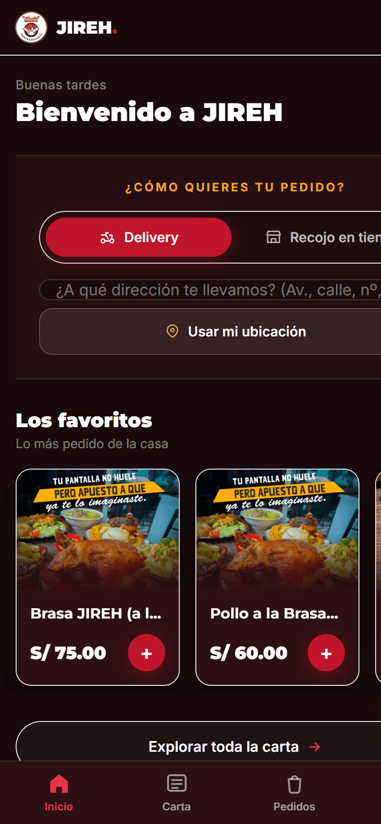 Pantalla de inicio de la app JIREH
